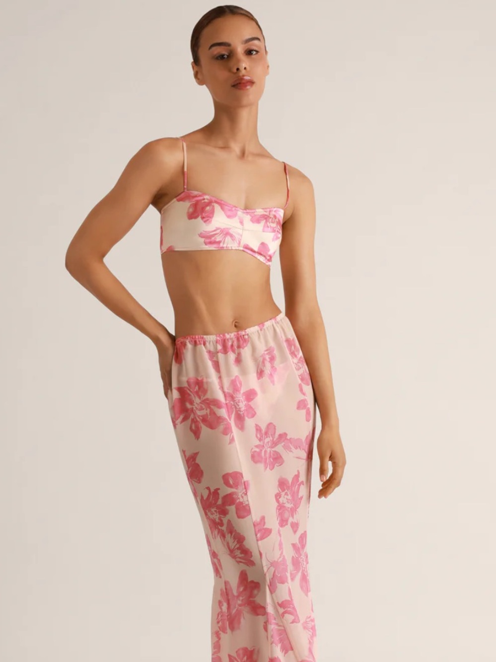 Kiki de Montparnasse Pink Floral Papillon et Orchidee Silk Lounge Bandeau Top L